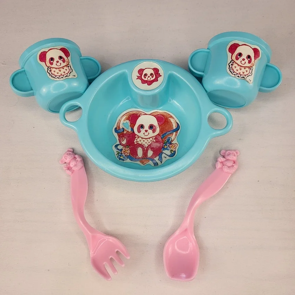Vintage Panda Dish Cup Spoon Fork Lot Shillman 1987